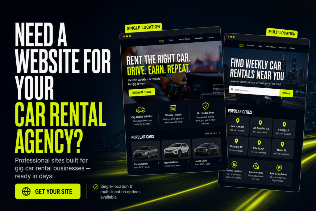 Need a website for your car rental agency? Single-location and multi-location options available.